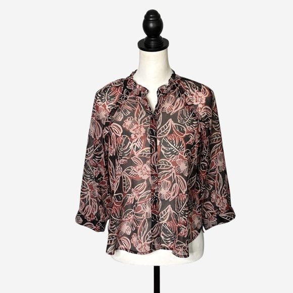 Evereve Tops - EVEREVE Floral Chiffon Ruffle Neck Blouse Size S Sheer 3/4 Sleeve Button Down